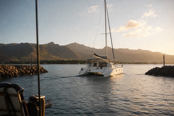 Sailing catamaran leaving a small boat harbor on West Maui in warm evening light
