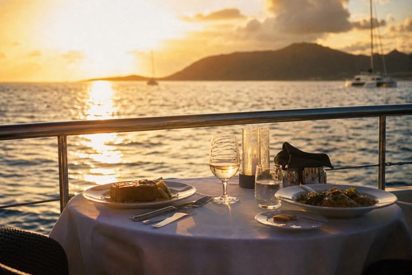 Dinner table set on the open deck of a Maui cruise boat as the sun drops toward the horizon