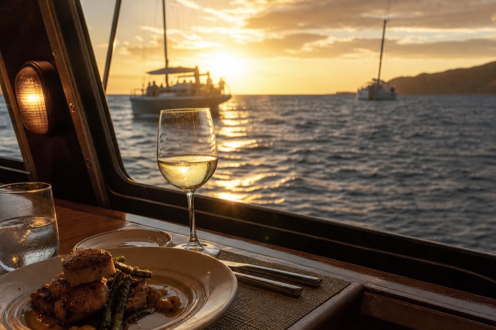 A plated dinner and a glass of white wine on a small table by a boat window, deck lights on, water darkening outside