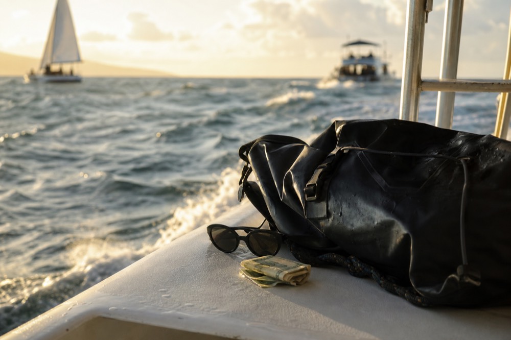 Folded small bills tucked beside a dry bag and sunglasses on a boat bench, deck damp, orange horizon out of focus behind