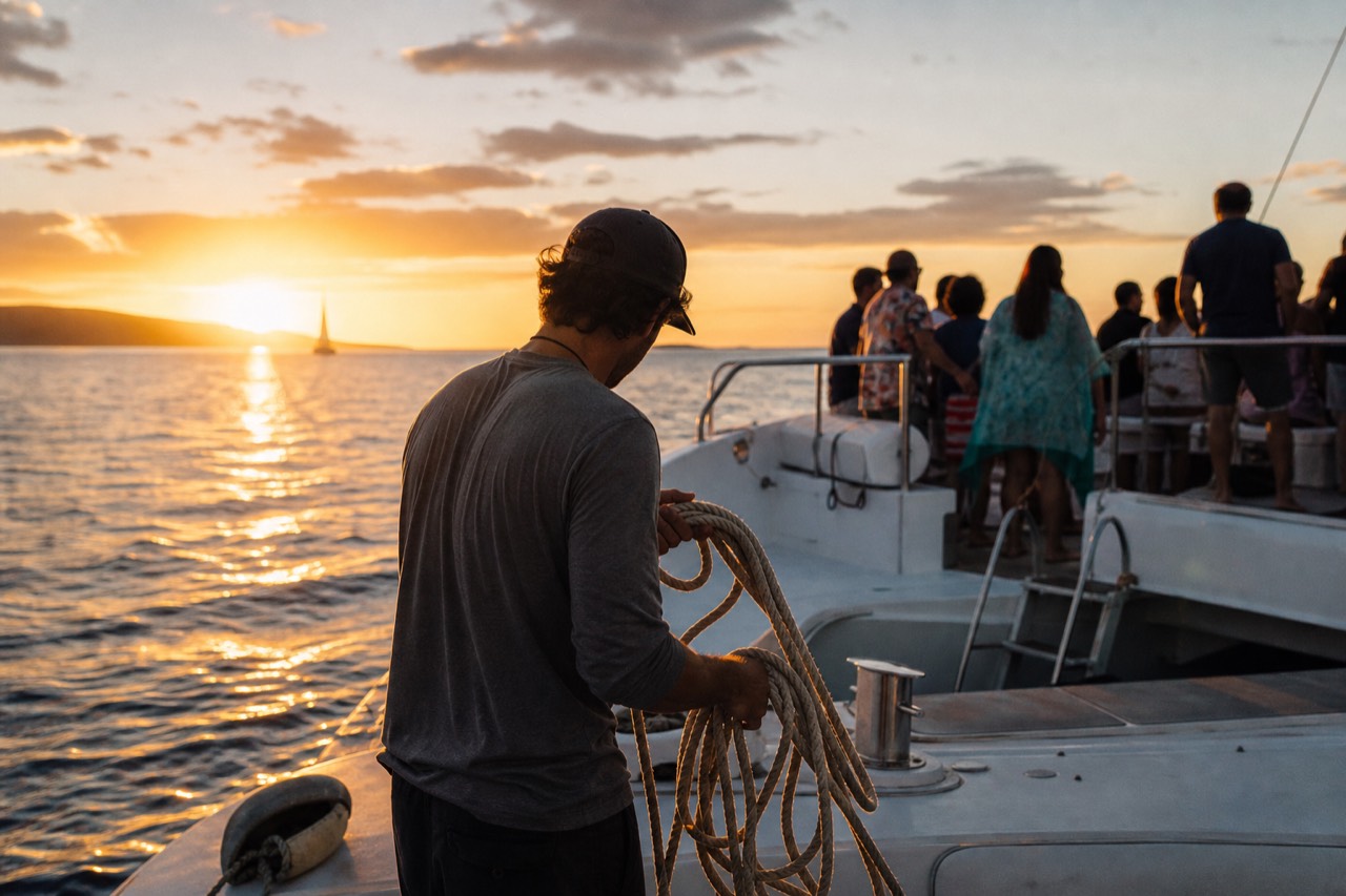 A deckhand coiling a mooring line at the stern of a catamaran at dusk while guests gather near the boarding ladder, low orange light on flat water