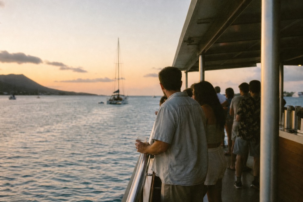 Guests standing with drinks along the rail of a catamaran at golden hour, bar counter under an awning behind them, calm channel water beyond