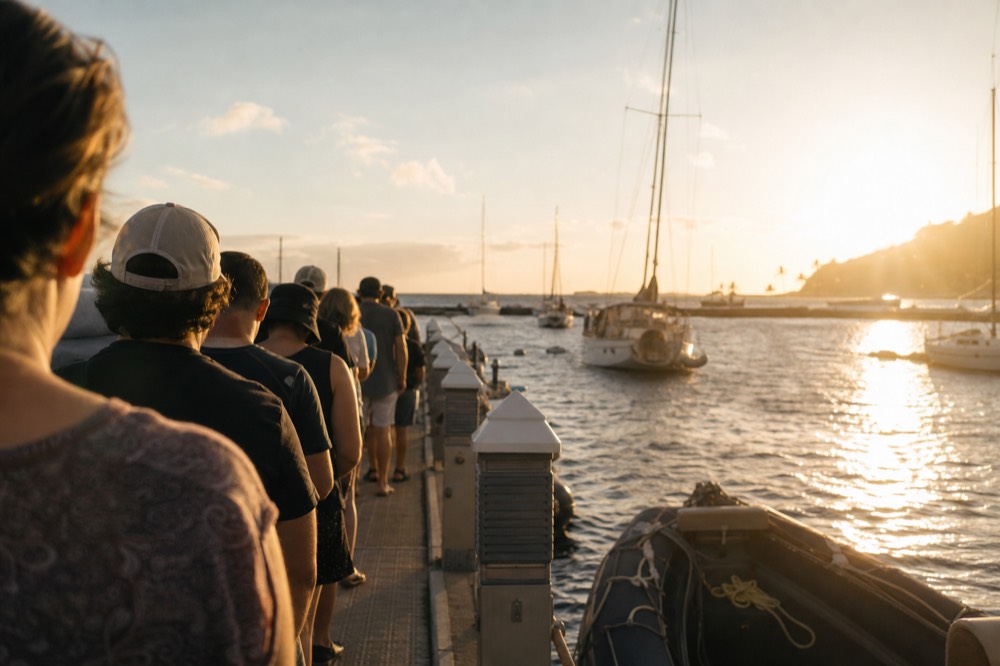 A line of guests waiting on a harbor dock beside numbered slips in late afternoon, boat masts and a windy channel beyond
