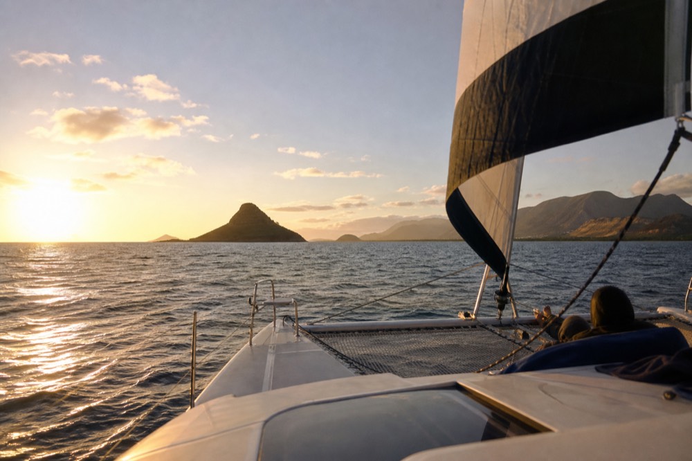 View from the deck of a catamaran at golden hour, mainsail edge in frame, an island silhouette ahead and a mountain coastline glowing behind