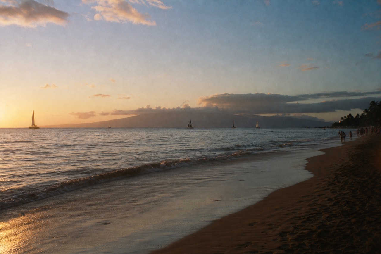 A wide west-facing Hawaiian beach at sundown, low gold light sheeting across wet sand, a long dark island silhouette sitting low on the horizon