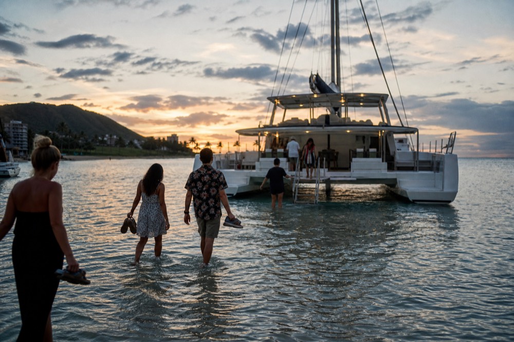 Guests wading shin-deep off a beach toward a boarding ladder on a catamaran bow in warm late-afternoon light, shoes carried in hand