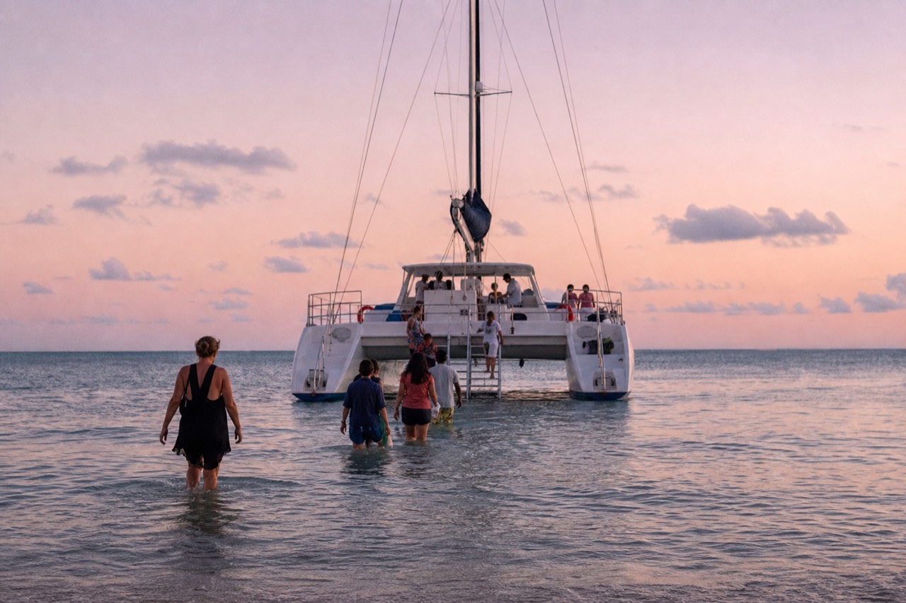 A catamaran waiting bow-on to a beach in late afternoon light, low sun still well above the horizon, a few guests wading out through shallow water toward the boarding ladder