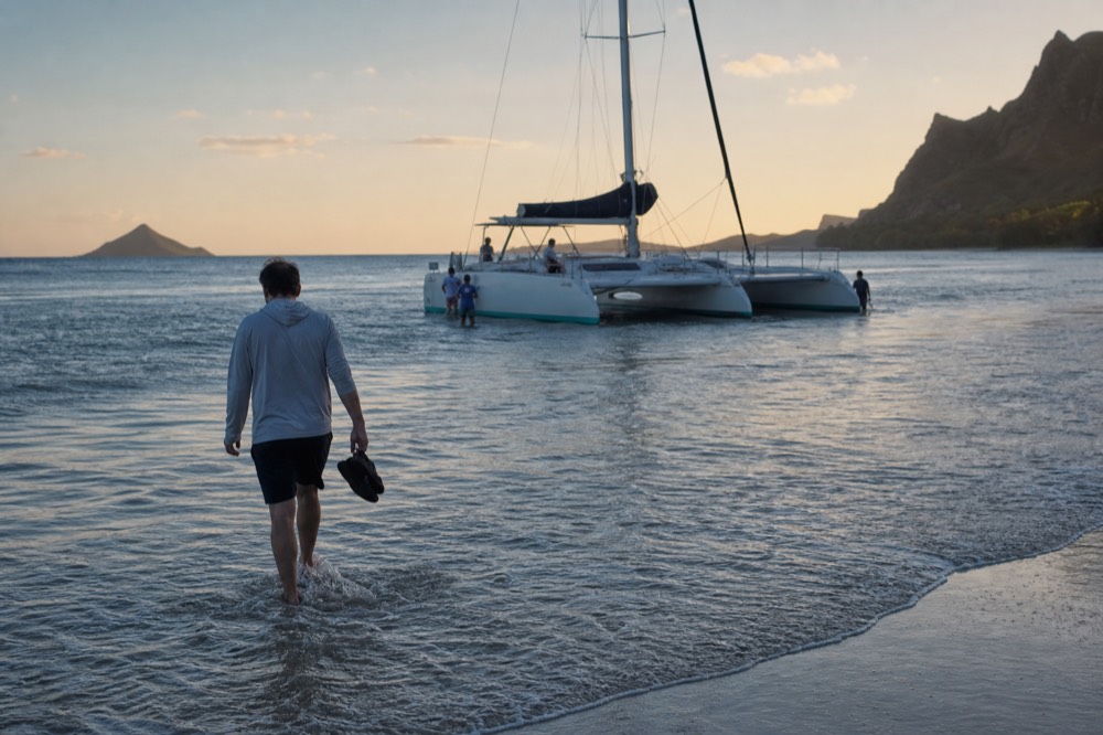Bare feet carrying sandals through shallow water toward a beached catamaran hull in late afternoon light