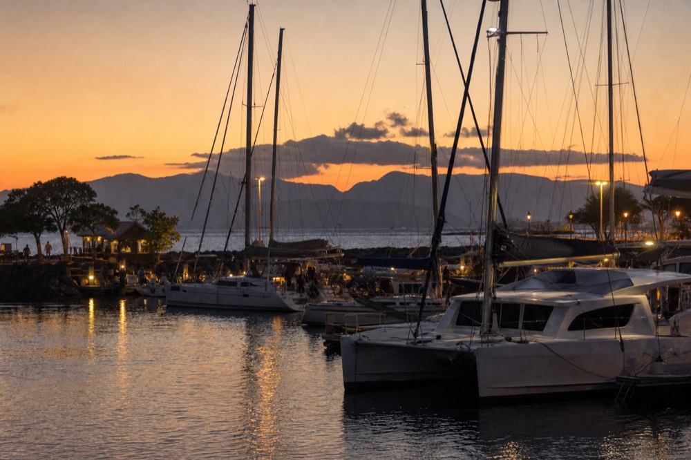 Several catamarans moored in a small harbor at dusk, masts against a fading orange sky, dock lights reflecting on still water