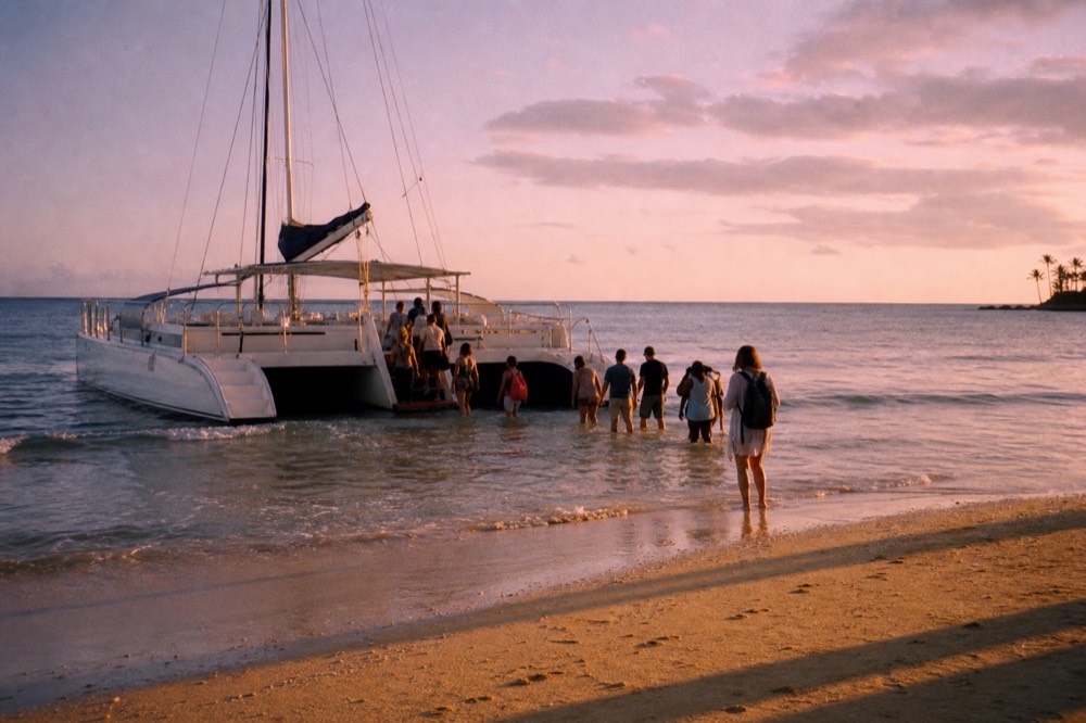 A catamaran bow run up onto a golden beach with guests wading in shallow water to board, low afternoon sun and palm shadows on the sand