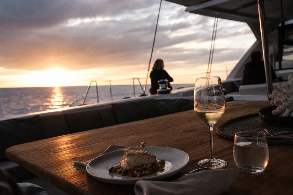 A plated fish course with a linen napkin and stemware on a polished teak table aboard a large sailing catamaran at dusk