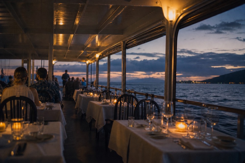 Two rows of set dinner tables with white linen and glassware on an enclosed boat deck with wide windows onto the sea at dusk