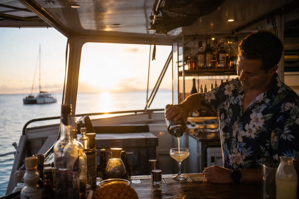 Bartender pouring a cocktail at a compact boat bar with bottles racked behind and warm low sun coming through an open hatch