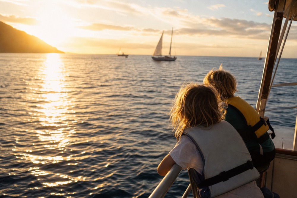 Two children in life jackets leaning on a boat rail in early evening light with calm water below them