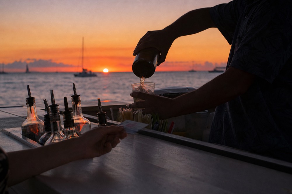 Bartender pouring at a small boat bar with an identification card being handed across and the sunset behind