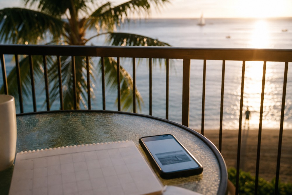 A calendar page and a phone showing a booking screen on a hotel balcony table, palm fronds and ocean blurred behind