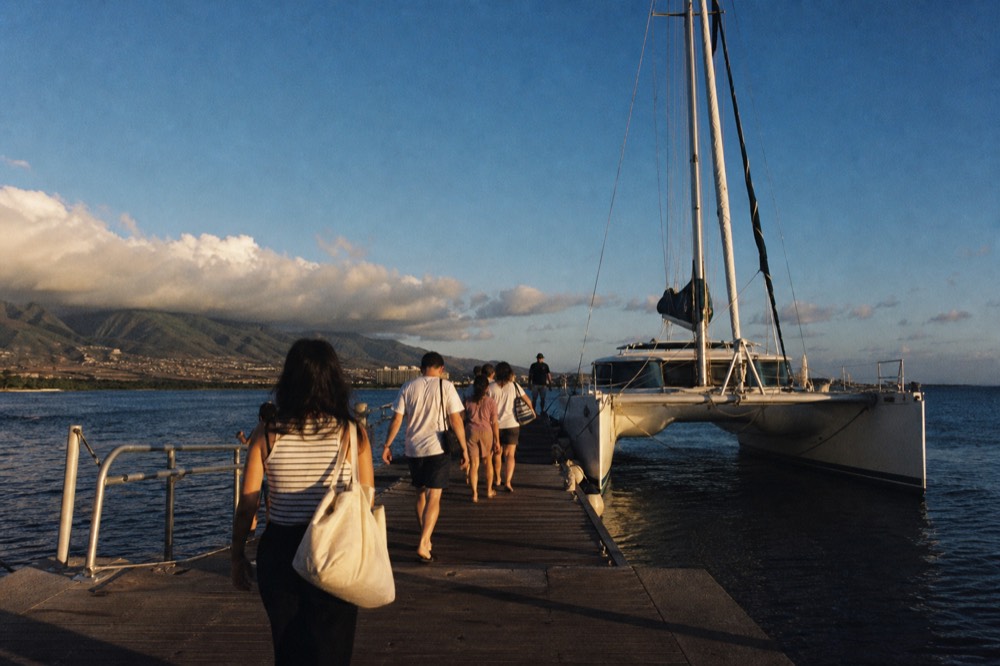 Passengers walking down a wooden dock toward a moored sailing catamaran in strong late-afternoon light