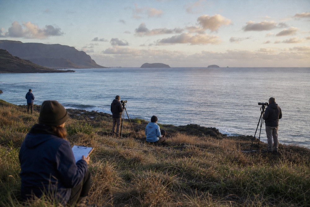 Volunteers with clipboards and tripod-mounted binoculars on a grassy coastal bluff watching the ocean in early morning light