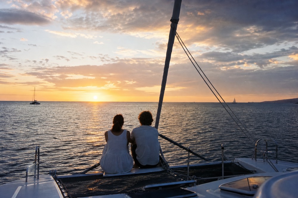 Couple in light clothing seated at the stern rail of a sailing catamaran facing a low orange sun over open water