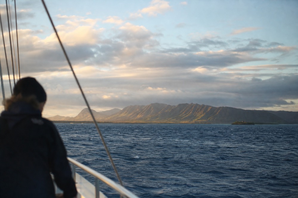 Wind rippling the surface of a channel under a bank of high cloud with a distant island ridge catching late sun