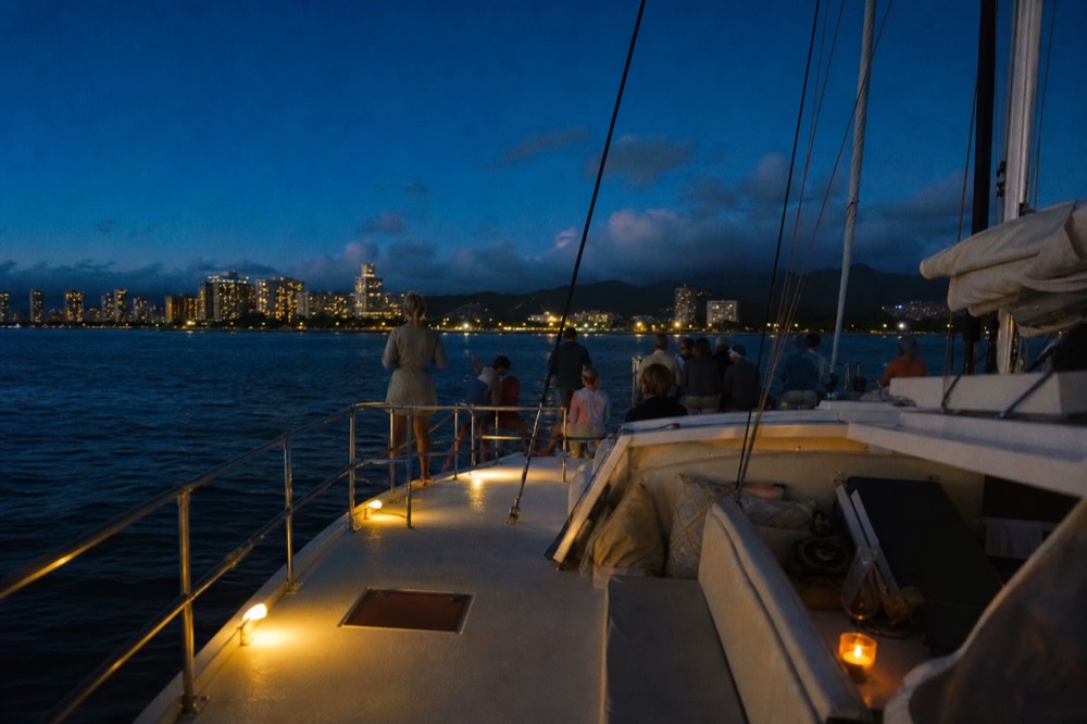 A catamaran's deck lit by soft warm lamps after dark with the shoreline glowing in the distance and guests still at the rail
