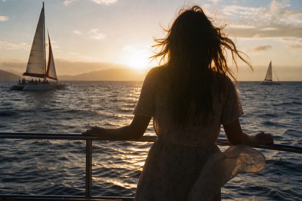 Wind lifting a light dress and loose hair at a boat rail with the sun low and bright directly behind