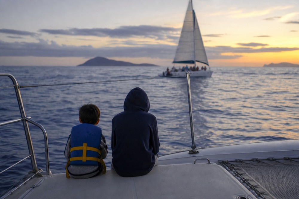 Child in a life jacket and a hooded sweatshirt sitting on a wide stable boat deck at dusk